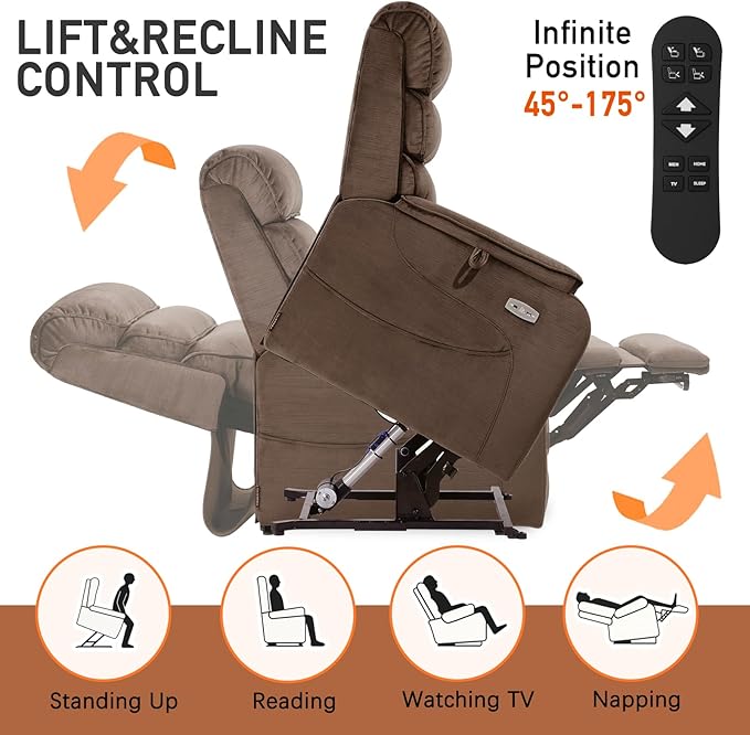 EONIX Wide Lay Flat Power Lift Recliner Chair for Elderly, Heavy Duty Oversized Fabric Lift Chairs Recliner Sofa with Heat and Massage and Charging Ports, Chenille Brown