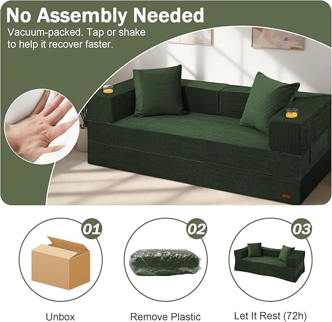 COMAX Futon Sofa Bed Queen, 79" Convertible Sofa Bed Couches for Living Room, 4 in 1 Folding Boneless Sleeper Corduroy Couch Loveseat Foam In a Box, Foldable Comfy Lounge Fold Out Floor Mattress Green