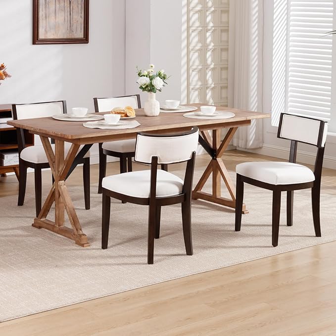 DM Furniture Farmhouse Dining Chairs Set of 6 Upholstered Linen Fabric Dining Room Chairs Mid Century Modern Kitchen Chairs Solid Wood Dinner Chair with Curved Wing Back for Dining/Living Room