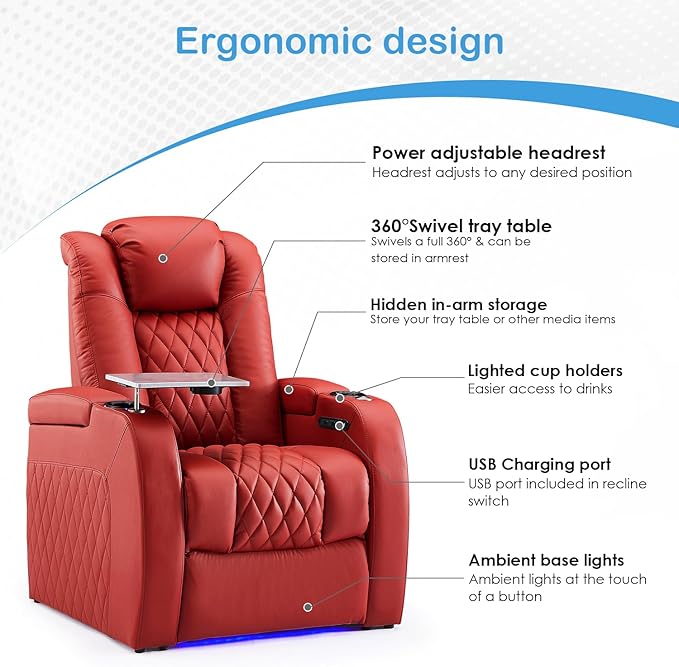 Weilianda Home Theater Seating Top Grain Leather Zero Gravity Recliner Chair Power Headrest Recline Movie Seat Gaming 7 Colors Mood Light Sofa with Tray Table USB Charge Row of 3 Red