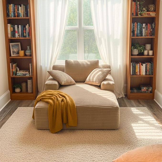 Alpen 66" Oversized Chaise Lounge, Boneless Couch Indoor, Corduroy Couch Boneless Sofa Chair for Reading with Wide Armrest and 3 Throw Pillows, No Assembly Required, Beige