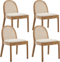 DUOMAY Mid-Century Modern Rattan Dining Chairs Set of 4, Wooden Dining Room Chair with Cane Backrest and Padded Seat, Sherpa Upholstered Dining Chair, Natural Finish, White