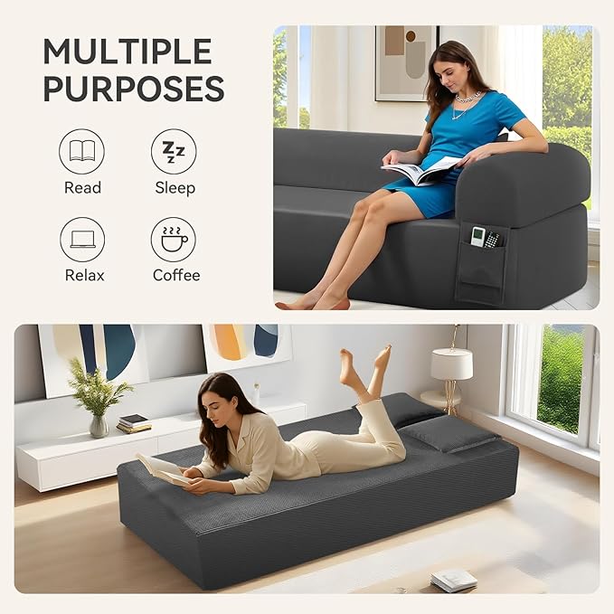 83" Boneless Couch, 3 Seater Sofa with 2 Matching Pillows Compact Corduroy Couches for Living Room Side Storage Pockets, Floor Sofa with Removable Armrests, No Assembly Required, Grey