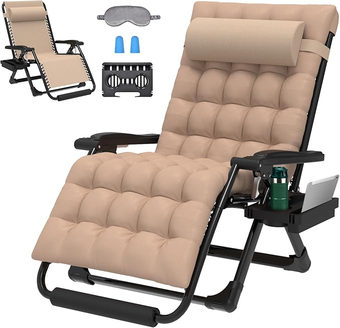 ZENPETIO Oversized Zero Gravity Chair, 33In XXL Zero Gravity Recliner Lounge Chair, Anti Gravity Chair for Indoor and Outdoor, Reclining Camping Chair for Lawn and Patio w/Cushion and Footrest, 500LBS