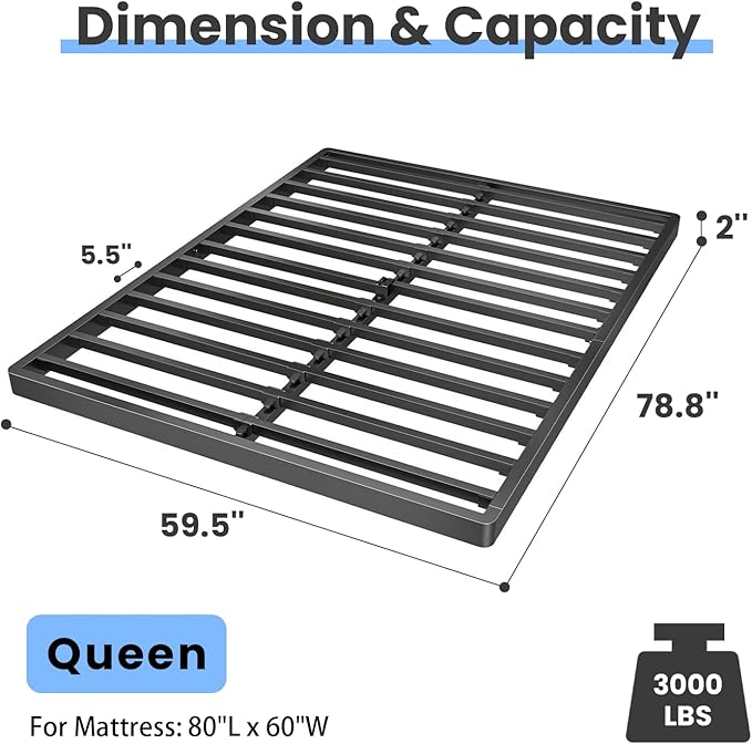 Superay 2 Inch Queen Box Spring Low Profile, Heavy Duty Metal Box Spring Bed Base, Bunkie Board Bed Slat Replacement, Mattress Foundation, Easy Assembly, Noise Free