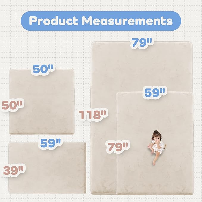 PaPaMat 1.5" Super Thick Baby Play Mat for Floor, 79x118 Pro Soft Flannel Foam Mats for Toddler Infant Kids Crawling for Nursery Rug Playroom Living Room Waterproof Easy Care Non-Slip (Beige)
