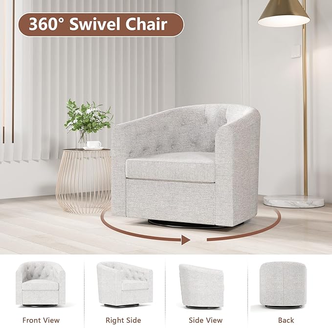 Simore Swivel Barrel Accent Chair Set of 2, Comfy Fabric Round Swivel Cuddle Chair for Nursery Living Room Bedroom Office, Light Gray