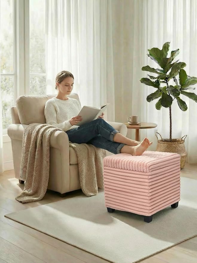 ABHENG 17.7 inches Faux Fur Ottomans Cube with Storage, Metal Framed Vanity Stool Chair Storage Ottoman Foot Rest Stool, Holds 770 LB for Dorm Living Room Bedroom Pink UASND643P