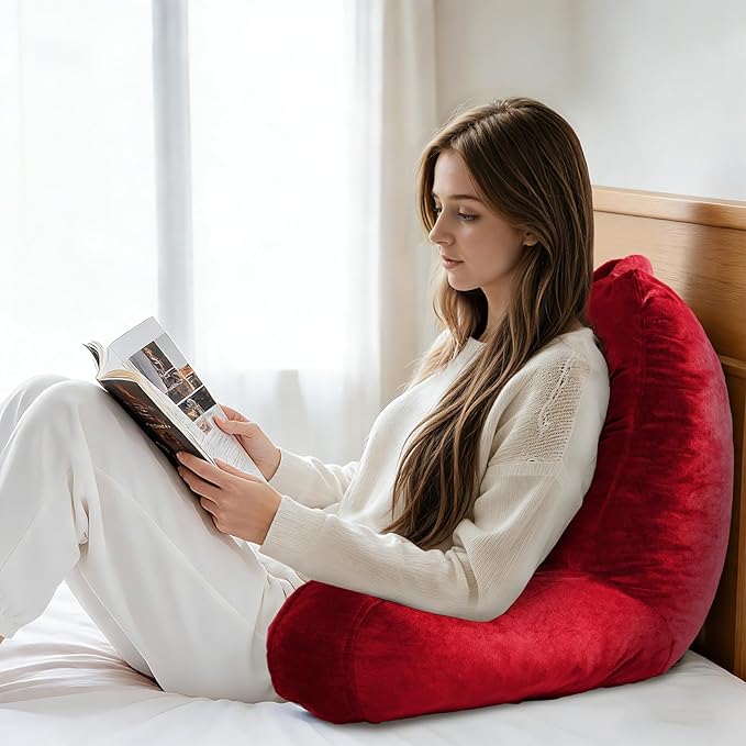 OAISZ Reading Pillow for Sitting in Bed Adult, Reading Pillow with Shredded Memory Foam, Bed Pillow with Washable Cover, Back Pillow Sitting Up with Extend Arms, Red, X-Large
