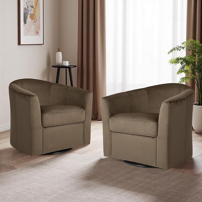 DREAMSIDEA Swivel Accent Chair, Upholstered Velvet Barrel Armchair, Modern Round Single Sofa Seating Comfy Reading Corner Chairs for Living Room Bedroom, Fully Assembled (Velvet Coffee, Set of 1)