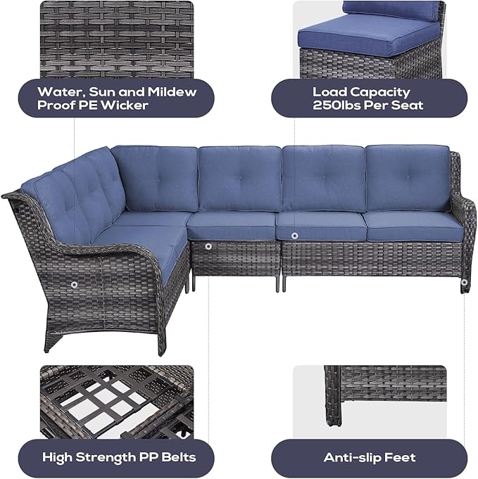 Belord Outdoor Furniture Sectional Sofa L Shaped Couch - Patio Wicker Set with 2 Swivel Glider Chairs, 8 Piece Rattan Patio Conversation Sets with Blue Cushion for Deck Backyard Sunroom