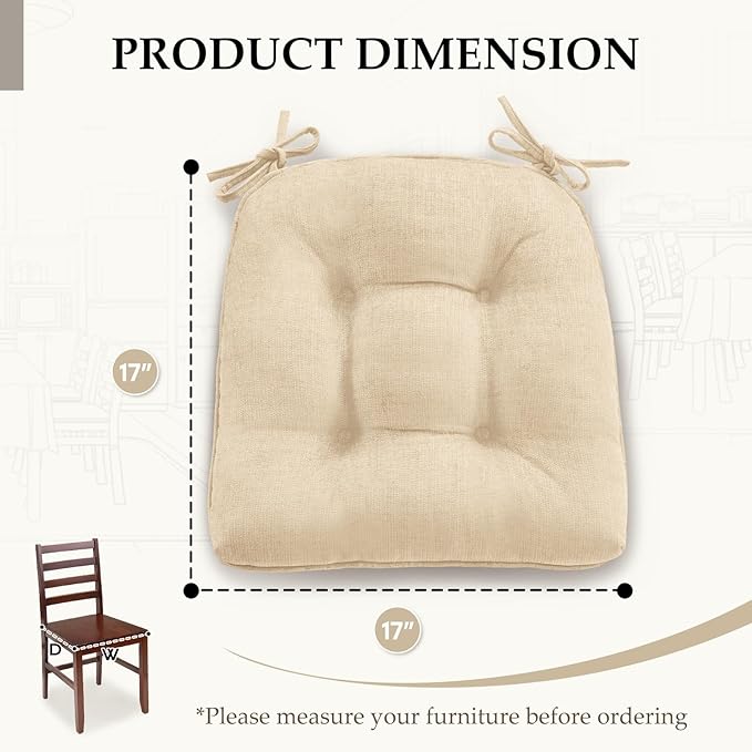 HARBOREST Chair Cushions for Dining Chairs Set of 2 - Chenille Tufted Kitchen Chair Cushions with Ties and Non-Slip Bottom, Foam Chair Pads for Dining Chairs, 17" x 17", Ivory
