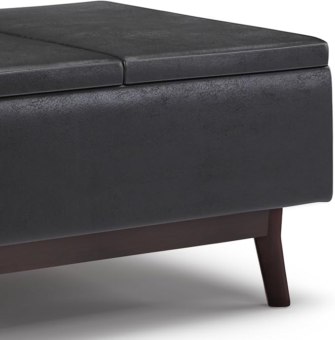 SIMPLIHOME Owen Tray Top Small Coffee Table Storage Ottoman - 34 inch Wide Upholstered Vegan Leather Rectangular Flip-Top Ottoman in Distressed Black, Mid-Century Ottoman for Living Room