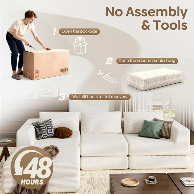 L-Shaped Corduroy Modular Sectional Couch, Modern Floor Couch Sofa for Apartment Living Room, Convertible Sleeper Sofa Bed with 3 Pillows, No Assembly Required, Beige