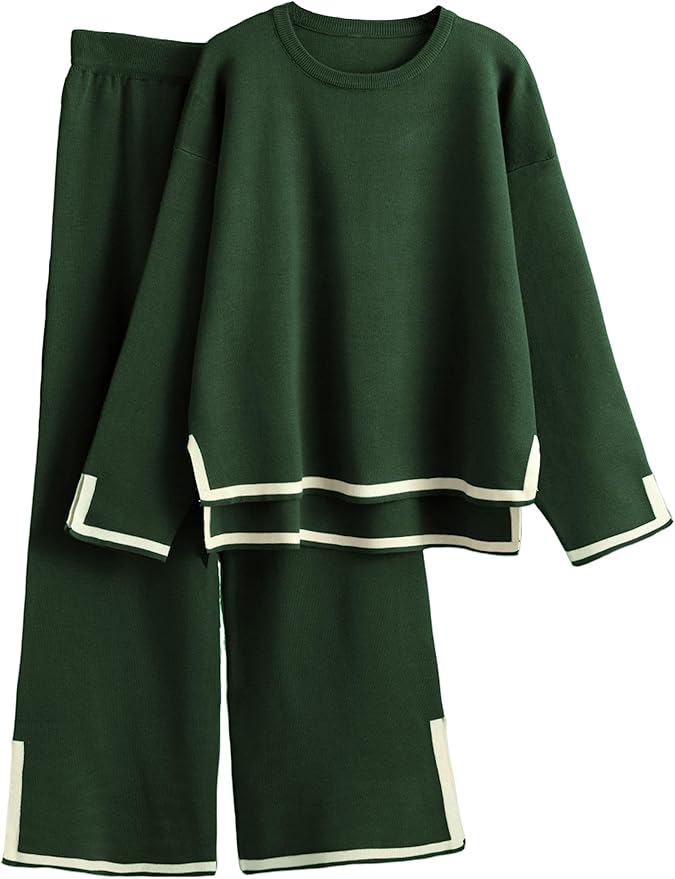 Tanming Women's 2 Piece Outfits Long Sleeve Knit Sweater Top Wide Leg Pants Lounge Sets Tracksuits