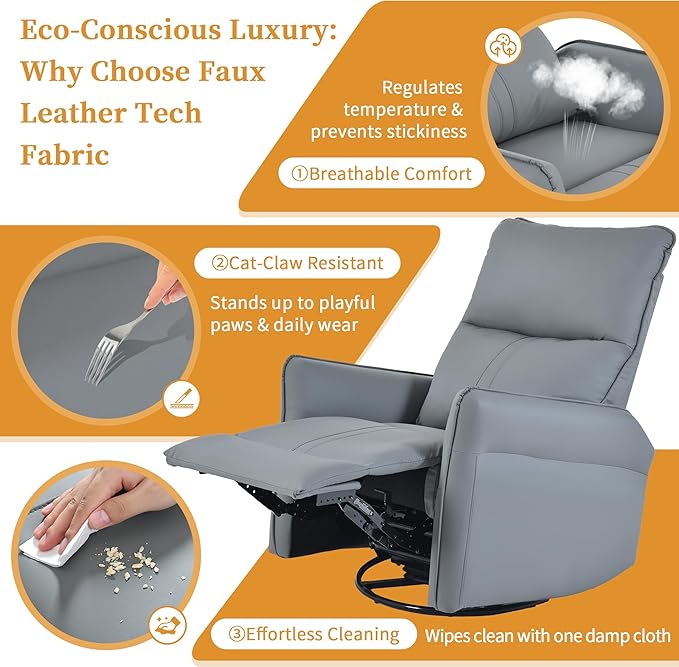 QKFF Glider Chair for Nursery, 360° Swivel Rocker Recliner with Side Pocket, Leather Manual Rocking Chair for Living Room, Bedroom, Small Spaces