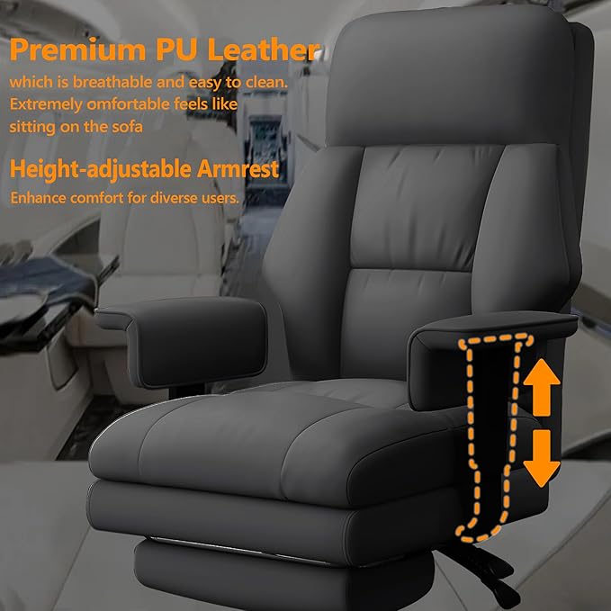 WXJHL Office Chair with Leg Rest, Leather High Back Executive Office Chair with Wheels, Ergonomic Desk Chairs with Lumbar Support for Home Office, Black