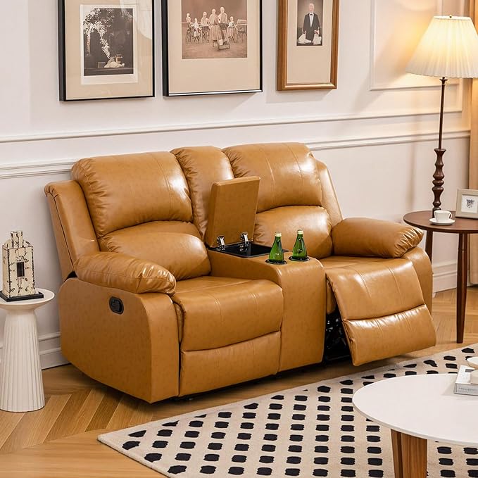 Caberryne Leather Recliner Sofa，Reclining Loveseat for Living Room Furniture Sets, Ginger Double Recliner Loveseat for Living Room/Office/Theater Seating/Rv(2 Seater Couch)