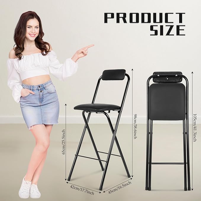 Thyle 1 Pcs Folding Bar Stool with Backrest, Tall Foldable Stool Chair Portable High Folding Bar Chair Counter Height Seat Leather Padded for Kitchen Island Shop Cafe Dining Room Black (25.5 Inch)