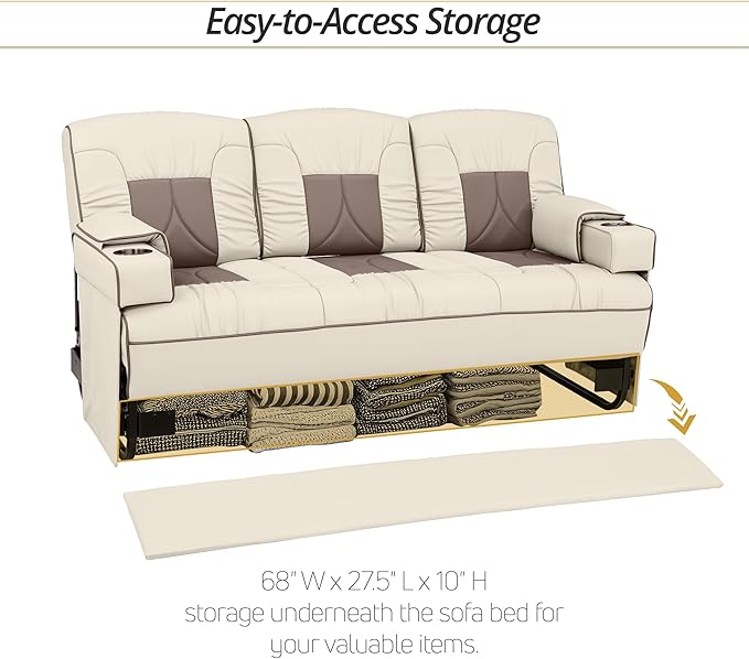 Qualitex De Leon Console SL RV Sofa Bed, 74" Wide, Ulitmate Leather, Bisque and Light Antelope