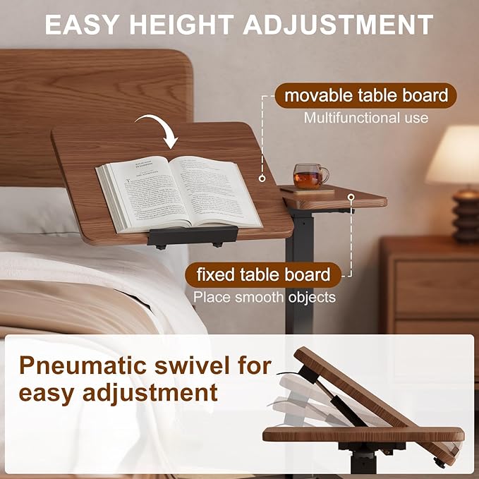 Solid Wood Overbed Bedside Table with Wheels, Tilting Adjustable Hospital Bed Table Over The Bed, Medical Mobile Laptop Stand, Rolling Standing Desk for Hospital and Home Use（Walnut）