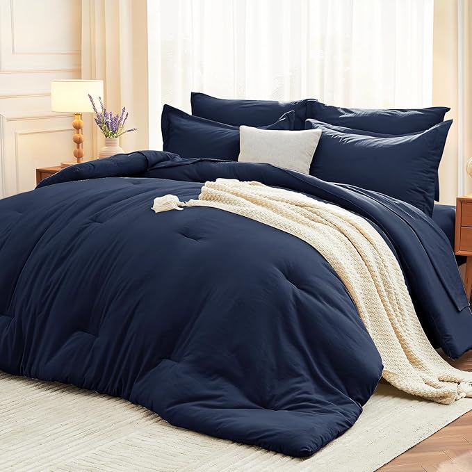 MUXHOMO 5 Pieces Twin XL Comforter Set, Soft Bed in a Bag Twin XL Size, All Season Bedding Set with Comforter, Flat Sheet, Fitted Sheet, Pillowcases & Shams, Navy Blue