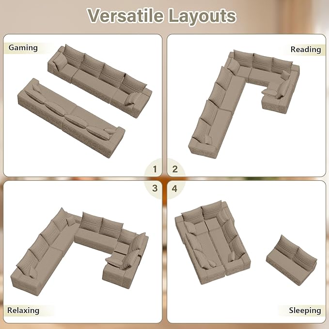 Sectional Cloud Couch for Living Room, Big Comfy Corduroy Couches Set with Fluffy Memory Foam, Modular Floor Deep-Seat Sofa, Stupendous U Shaped Sofas with 12 Pillows, No Assembly Required, Camel