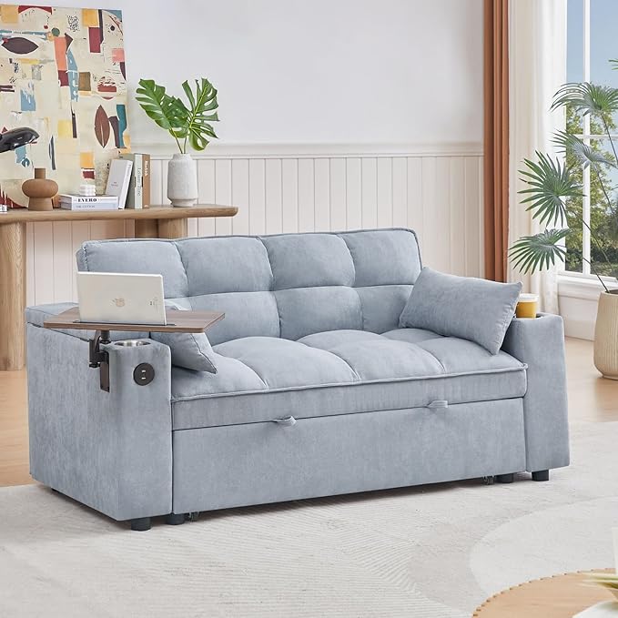oaaktu 65''Convertible Sleeper Sofa Bed,3-in-1 Pull Out Couch Bed with 360 Degree rotatable Side Table and USB Ports for Living Room,RV (07 Light Grey)