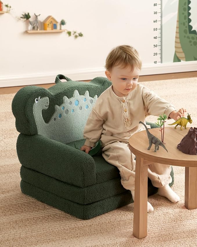 Blissful Diary Kids Couch, 2-in-1 Soft Toddler Couch Fold Out, Toddler Chair Comfy, Convertible Sofa to Lounger, Kids Furniture for Playroom, Gift for Birthday, Children's Day, Green Dinosaur