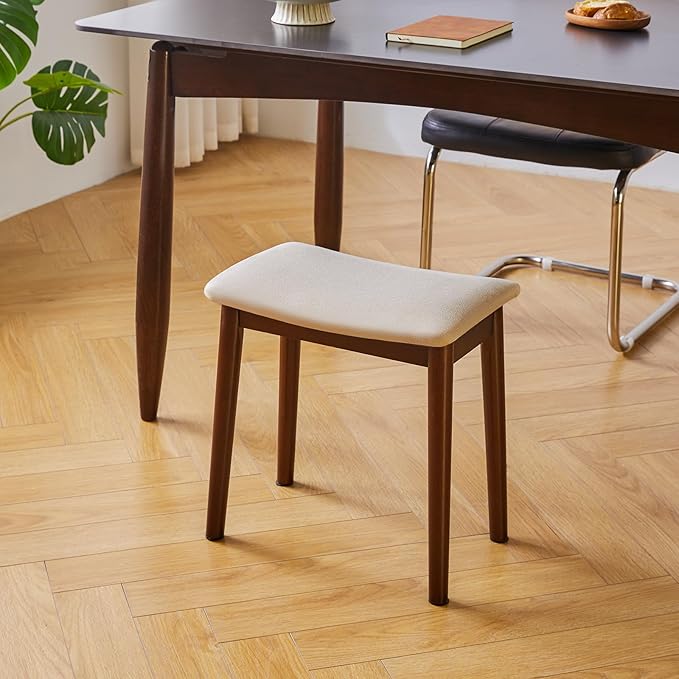 IBUYKE Saddle Cushion Vanity Stool Chair, Foot Rest Stool with Solid Wood Legs, Modern Vanity Bench Ottoman for Piano, Upholstered Seat for Bedroom, Entryway, Walnut Legs&Off White WBD007HM
