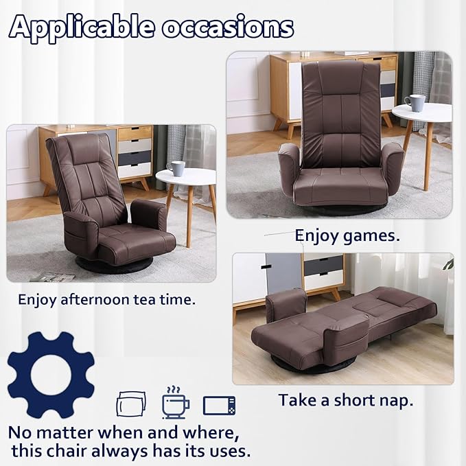 360 Degree Swivel Floor Chairs for Adults, Faux Leather Gaming Floor Chair with Back Support, 14 Angles Adjustable Comfortable Floor Lounge Chair Folding Video Game Chairs Office Bedroom