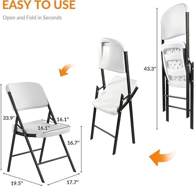 Elevon Folding Chairs Heavy Duty Plastic Chairs with 350-Pound Capacity for Home Office Camping Kitchen Dining Wedding Party Event Picnic, White, 4-Pack