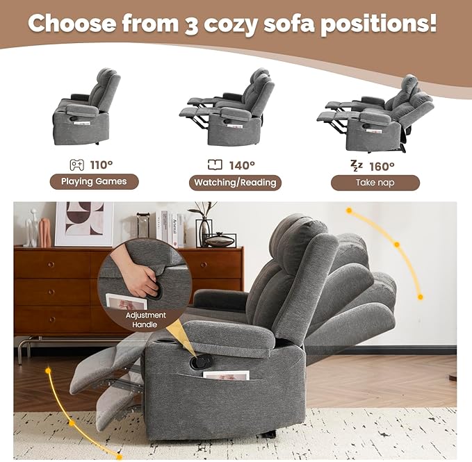 PALLOME 2 Piece Living Room Sofá Set, Modern Chenille Reclining Sofa Set with Convertible Center Console & Storage Ottoman, Space-Saving Couch for Home/Bedroom/Apartment (Grey)