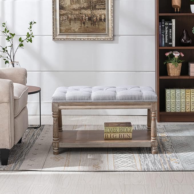 Farmhouse Storage Bench Wooden Entryway Linen Upholstered Ottoman Button Tufted Bench for Bedroom End of Bed Hallway Organizer, Grey, 32 Inch
