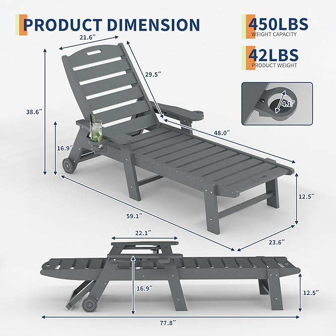 GarveeLife Outdoor HDPE Chaise Lounge with Rolling Wheels, Oversize HDPE 5-Position Pool Lounge Chairs, Pool Lounges Chairs