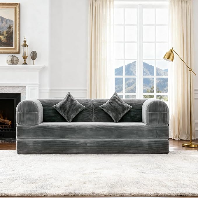 HipyMo 4-in-1 Folding Convertible Sofa Bed, 78 Inch Boneless Couch with Fixed-Shape Frame, Loveseat Sleeper with Pull Out Bed, Floor Sofa Modular Futon Couch for Living Room Bedroom Lounge (Gray)