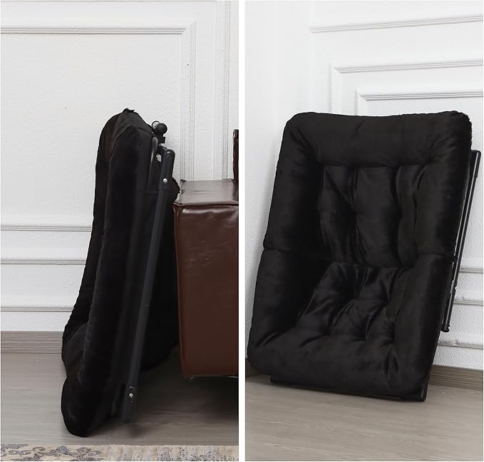 Comfy Saucer Chair for Adults, Soft Faux Fur Bedroom Chair with Ottoman, Accent Dorm Chairs, Living Room Reading Chairs and Footstool, Folding Lounge Seat for Teens, X-Large, Black