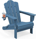 KINGYES Folding Adirondack Chair, HDPE All-Weather Patio Chairs with Cup Holder, Wooden Textured Fire Pit Chairs for Poolside, Backyard, Deck, Navy