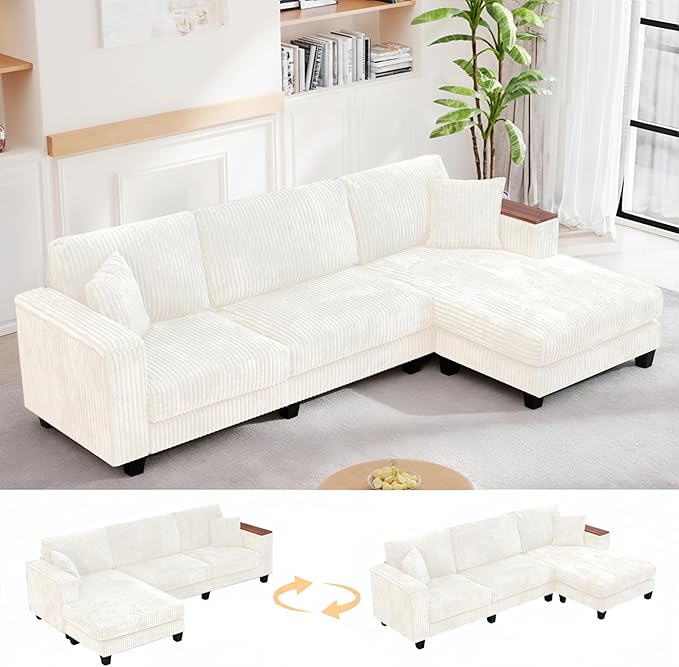 FurniMix 4-Seat Corduroy Sectional Sofa with Swappable Chaise, Soft Upholstery, Wide Seats & Armrest Storage,White