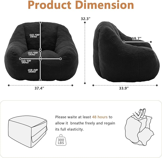 Setawix Bean Bag Chair with Filler, Comfy Teddy Bean Bag Chairs for Adults and Kids, Cozy BeanBag Sofa Fully Floor Couch with Memory Foam for Living Room Bedroom,Dark Grey