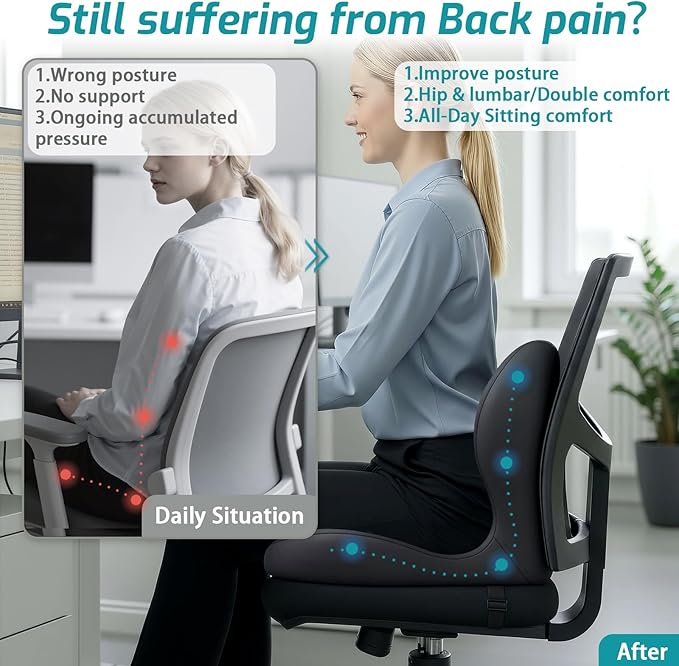 Memory Foam Seat Cushion,Office Chair Cushion with Lumbar Support for Back Pressure Relief,Sciatica,Car Seat Cushion with Adjustable Strap,Hip Pad Cushions for Car,Truck,Desk,(D-Dark Grey)