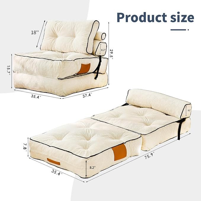 Fareforth Convertible Folding Sofa Bed, Sleeper Couch with Pillows Foldable Floor Chair with Back Support, Lounge Sofa for Living Room, Single, Beige