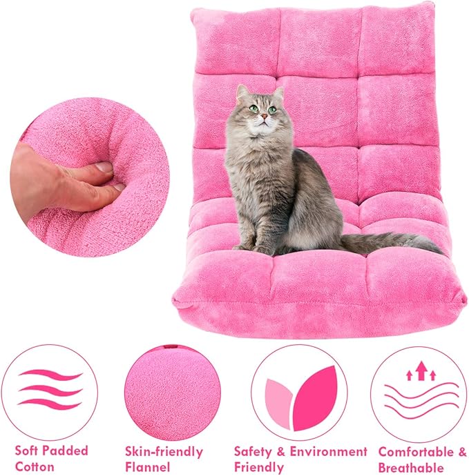 Giantex Floor Chairs for Adults - Floor Gaming Chair with Back Support, Coral Velvet, 14 Adjustable Position, Thick Sponge Padding, Floor Seating Lounge for Reading, Watching TV, Meditation (Pink)