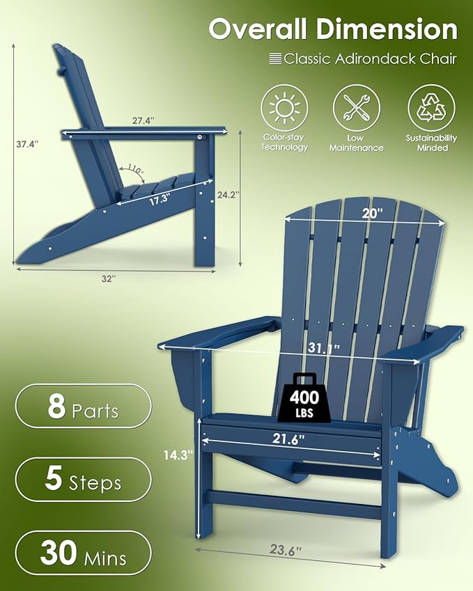 GREENVINES Adirondack Chair | HDPE Plastic | Oversized Fire Pit Chairs | All Weather | Blue | Poly Lumber | for Outdoor Deck Backyard Patio