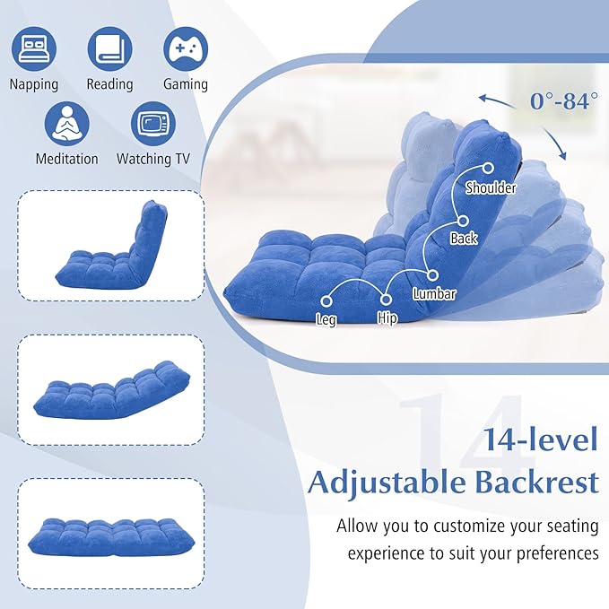 ARLIME Adjustable Floor Chair, 14-Position Lazy Sofa Chair with Back Support & Thick Padding, Portable Foldable Floor Couch for Adults, Kids, Use in Bedroom, Living Room, Home Theater (Blue)