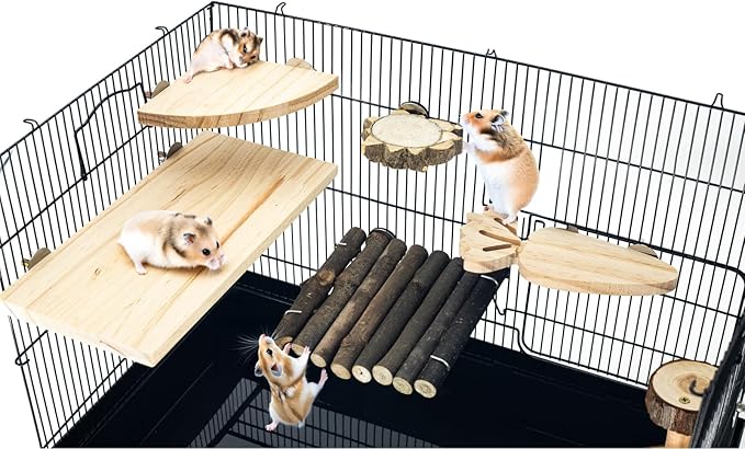 GNB PET Space Expanding Natural Wood Hamster Platform Set, DIY Small Animal Playground Accessories for Hamster Cage, Climbing & Resting Toys with Adjustable Screws for Hamsters, Chinchillas, Gerbils