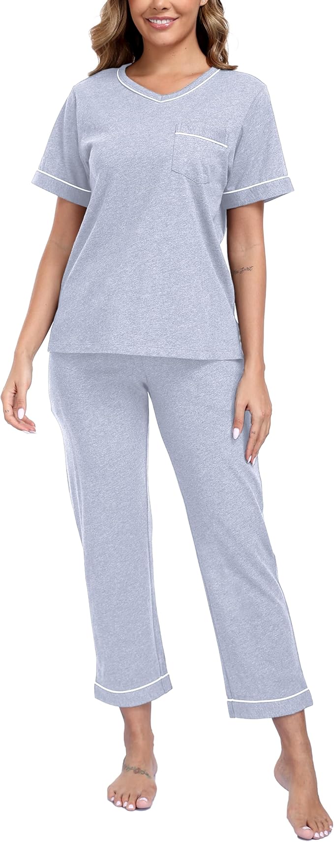CF Women's 100% Cotton Pajama Sets Soft Short Sleeve Tops & Pants Comfy Sleepwear 2 Piece Lounge set with Pockets Loungewear