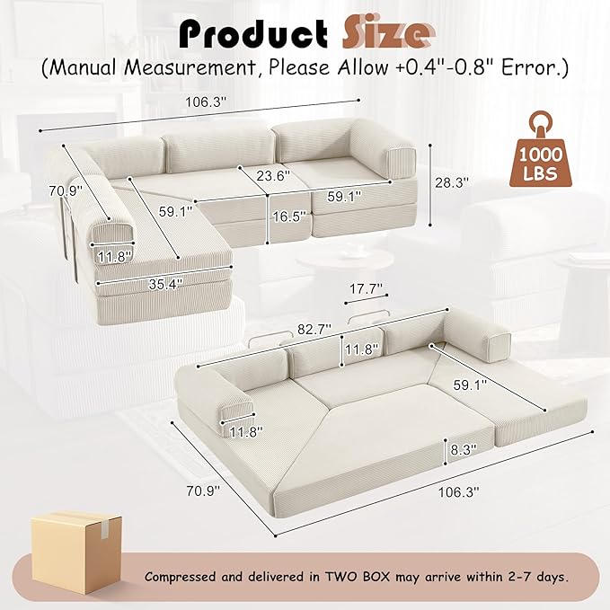 Modular Convertible Sofa Bed 106" L-Shaped with Reversible Chaise, Corduroy Floor Sleeper Boneless Couch, Folding Futon for Living Room, Apartment, Small Spaces, No Assembly Required, Beige