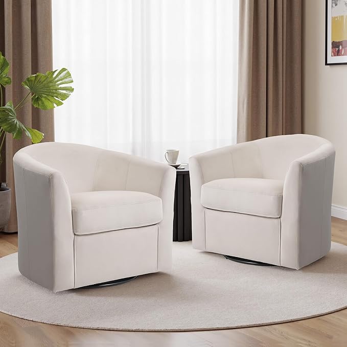 DREAMSIDEA Swivel Accent Chair, Upholstered Velvet Barrel Armchair, Modern Round Single Sofa Seating Comfy Reading Corner Chairs for Living Room Bedroom, Fully Assembled (Velvet Ivory, Set of 1)