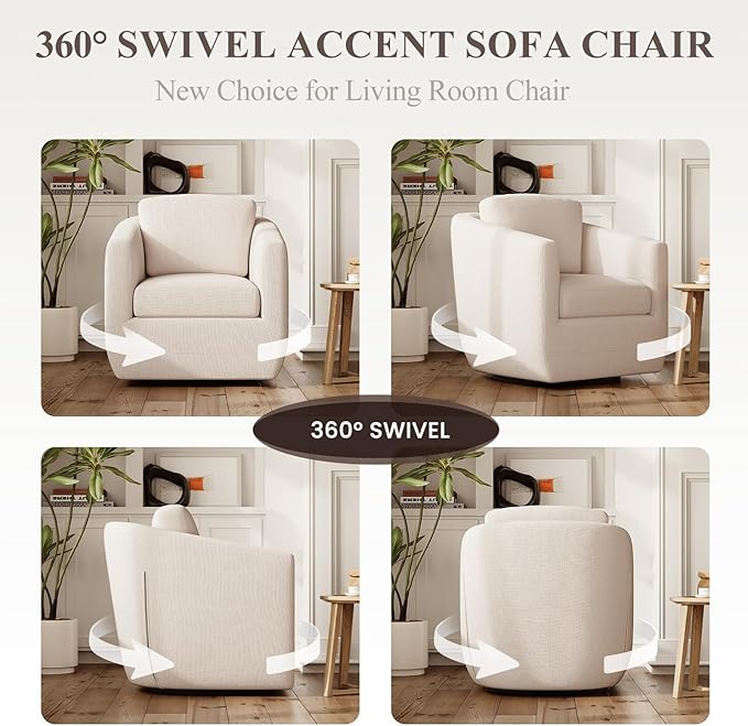 MALOL 360° Swivel Accent Chair Set of 2 with Pillow - Comfy Living Room Armchair No-Sag Foam & Sturdy Metal Base, Fully Assembled Swivel Accent Single Sofa for Bedroom Living Room, Office, Beige